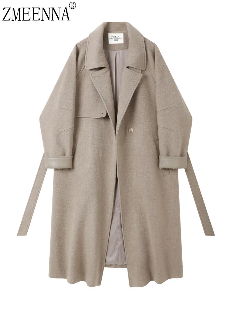 

ZMEENNA женское длинное шерстяное пальто большого размера, бежевый плащ с широкими лацканами и поясом, элегантная зимняя верхняя одежда ZM4275
