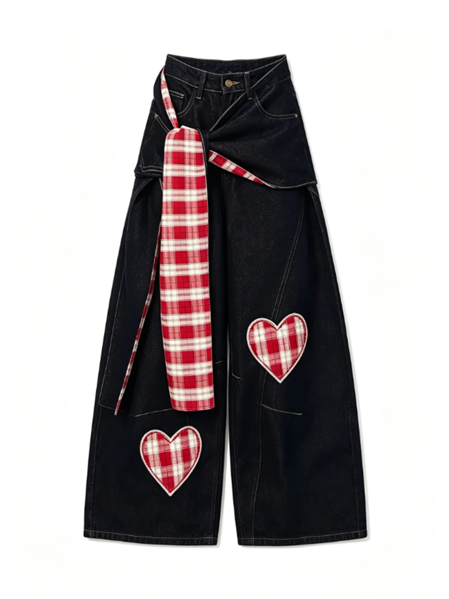 Women Black Gothic Y2k Gyaru Emo Baggy Jeans with Wrap Skirt Oversize Denim Trousers Vintage Grunge Alternative Jean Pants 2026
