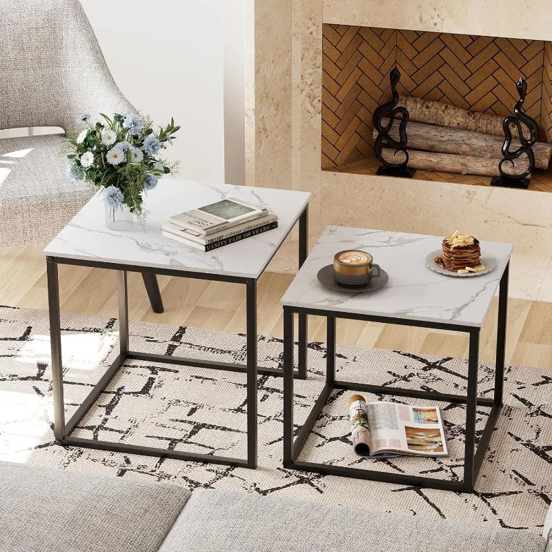 

Coffee Table Set of 2, Modern Black Wooden Side Table, Metal Frame Square End Table, Center Tables,Nesting