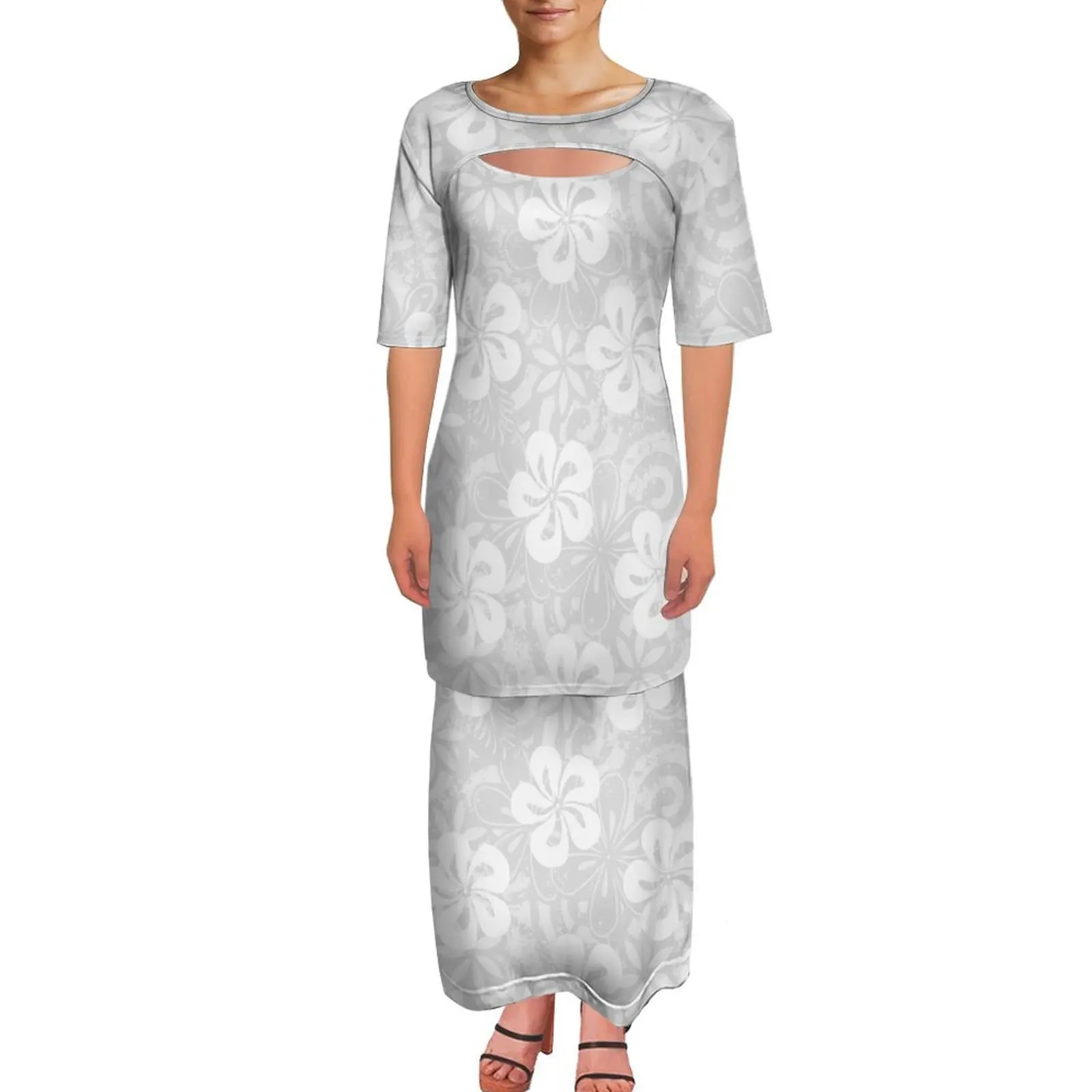 

Polynesian Customizable Pattern Printed Women'S White Sunday Dress Elegant Open-Necked Fake Two-Piece Design Puletasi Set Skirt