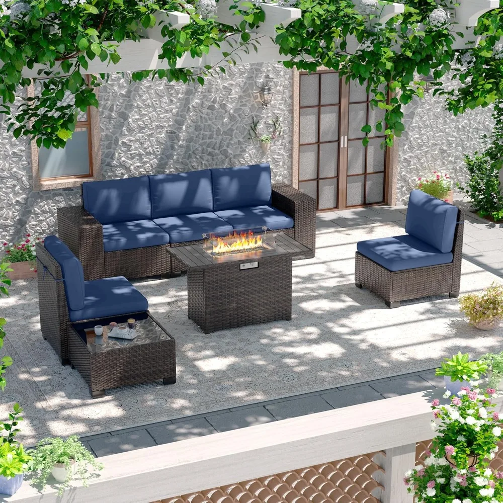 Sofá modular externo com mesa de lareira, conjunto de móveis de pátio com apoio de braço de 8 polegadas com capa à prova d'água