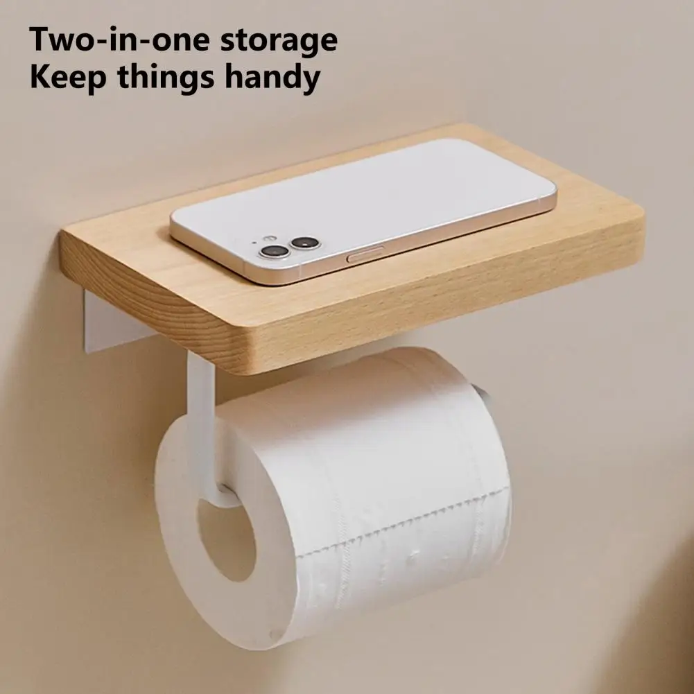 Tissue Stand Wooden Tissue Rack Waterproof Bathroom 2-in-1 Sundries Shelf Storage Toilet Paper Holder Space-saving