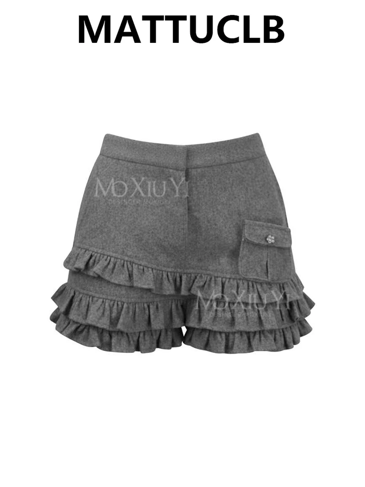 Women Ruffle Design Woolen Shorts High Waist Abi Y2K 2000s Harajuku High Street Coquette Gyaru Design Kpop Korean Fashion New