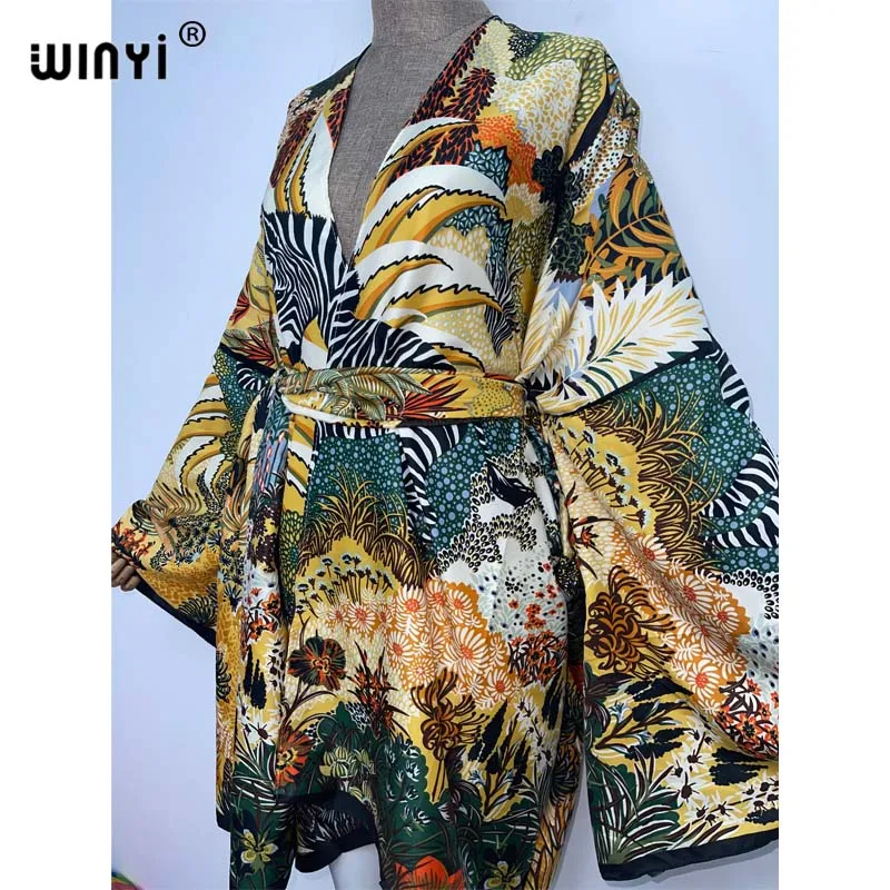 WINYI Summer Beach Wear Swim Suit Cover up kaftan sweet lady boho Cardigan stitch Self Belted sexy Holiday long Sleeve Kimono