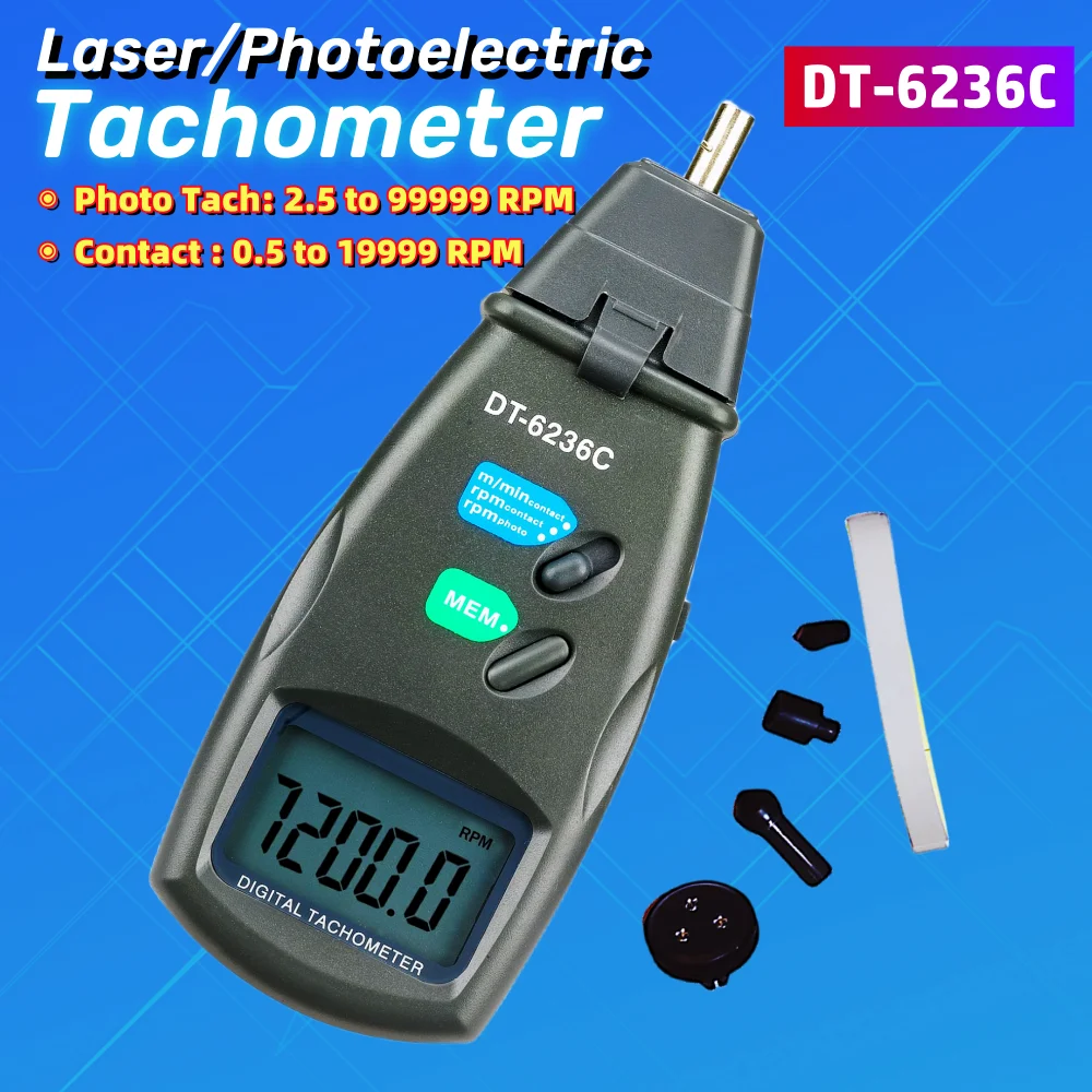 

DT6236C Handheld Laser Tachometer Photoelectric/Contact 2-in-1 Speedometer Fan Motor Rotation Speed Tester RPM Measurement Meter