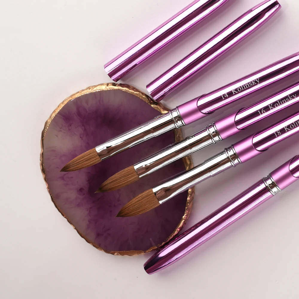 Professionele 100% Kolinsky Nail Art Brush Roze Paars Handvat Koperen Metalen Tekenpen voor Acryl Poeder Nail Tool Maat 2 # -18 #