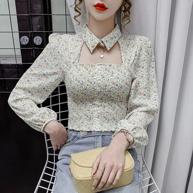 New Women Vintage Sexy Hollow Floral Print Chiffon Blouses Elegant Fashion Slim Long Sleeve Shirts Female Casual Sweet Chic Tops