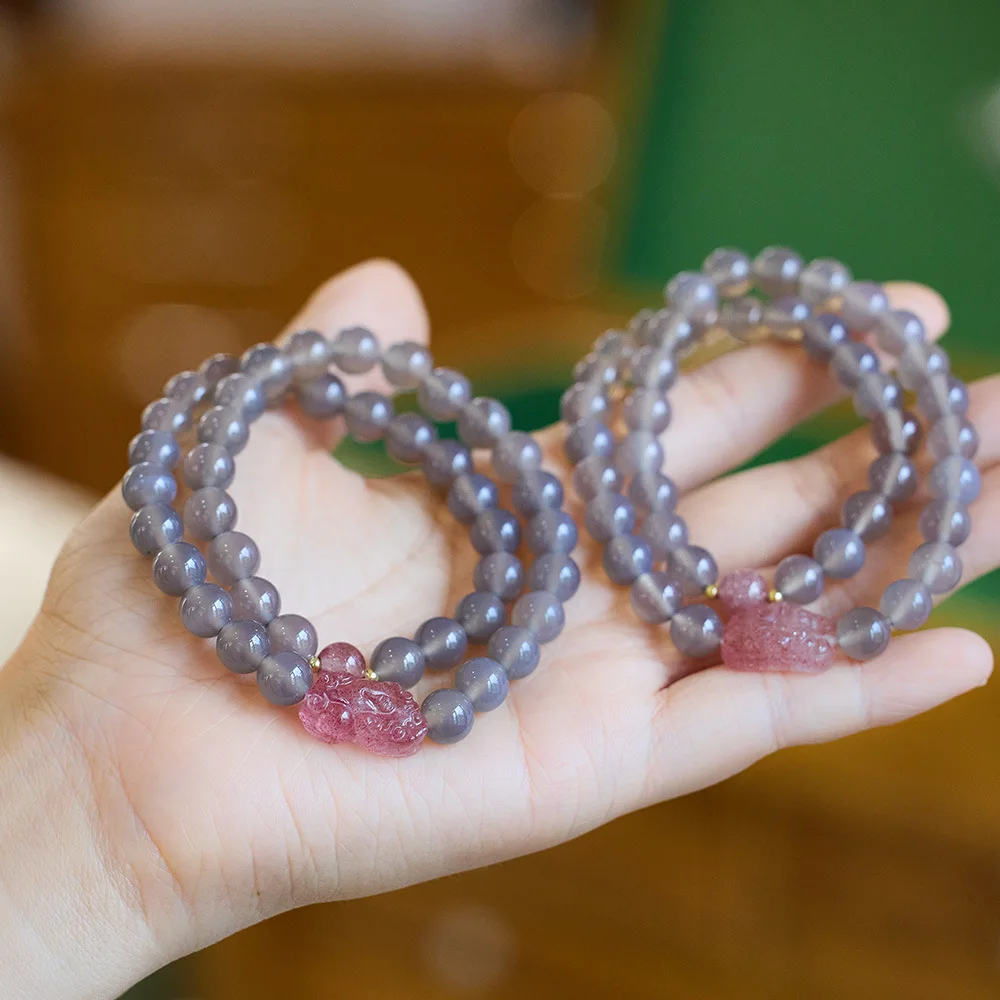 

Браслет из натурального дымчатого фиолетового агата для женщин с клубничным кристаллом, подвеской в виде цветка Pixiu, двойные круглые бусины