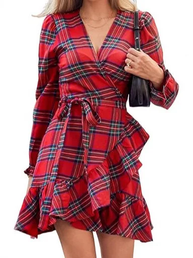 Abito casual scozzese con scollo a V Manica a palloncino con volant Orlo con cintura Abito con cintura Cravatta in vita Abito fluido a trapezio Abiti midi Boho vintage