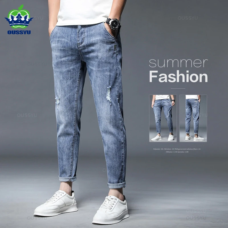 Hohe Qualität Marke Herbst Stretch Baumwolle Loch männer Knöchel Länge Jeans Streetwear Design Denim Hosen Korea Casual Hosen Männlichen