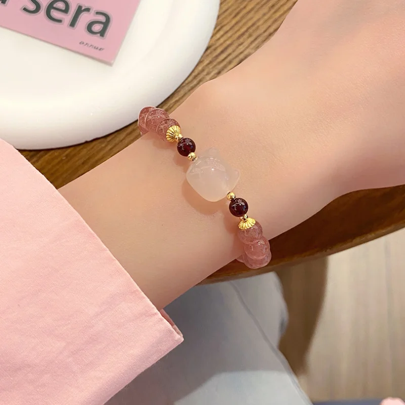 Fall in Love with Alien Fairy Sweet Fresh Mori Strawberry Quartz Lychee Jelly Agate Cute Cat Head Bracelet