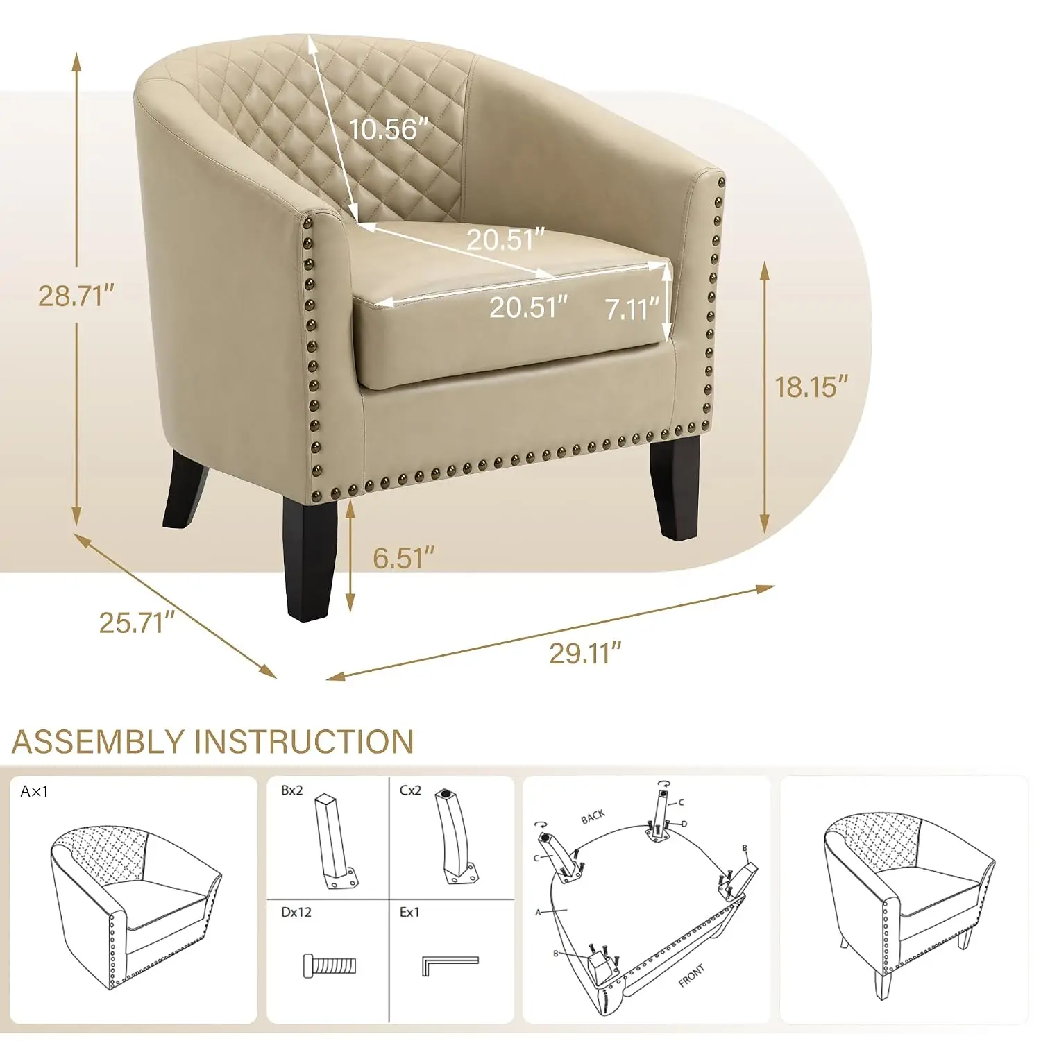 Barrel Accent Chair Faux Leather Club Armchair Upholstered Sofa with Wood Legs & Nailhead Trim for Living Room, Customized
