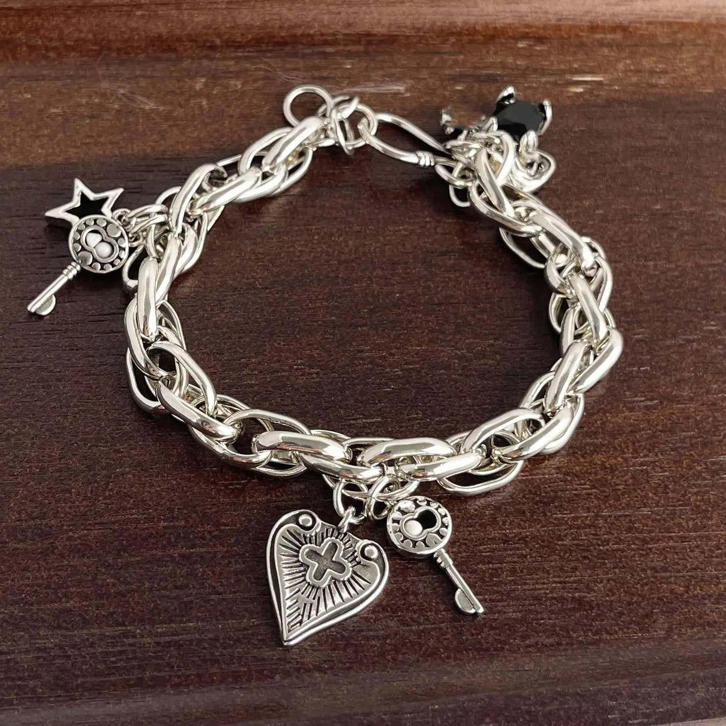 925 Sterling Silver Bracelets for Women Men String Accessories Trend Vintage Heart Cross Shape Pendant Party Jewelry Gift