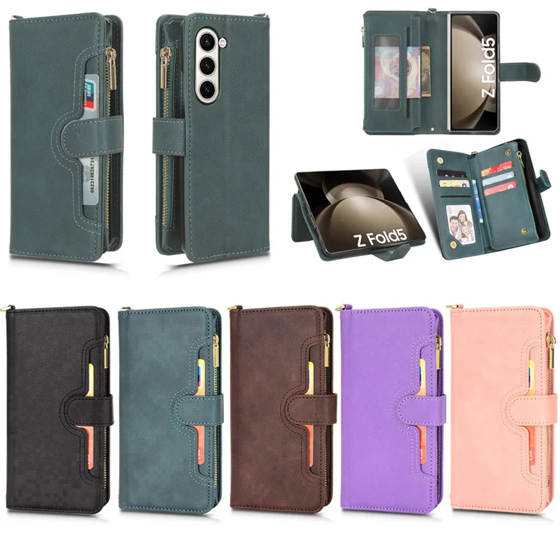 Fit in Samsung Galaxy Z Fold 5 Luxury Zipper Bag with Cord skin PU Leather Case for Galaxy Z Fold 4 3 2 Phone Case
