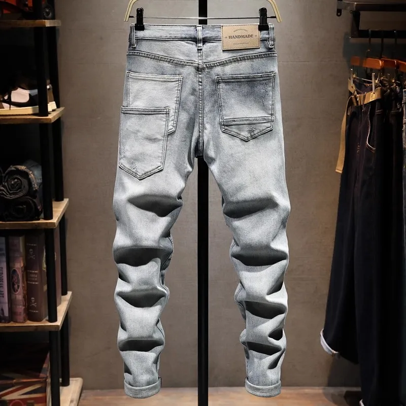 Street Designer Fashion Men Jeans Retro Gray Blue Stretch Slim Fit Painted Ripped Jeans Men Hip Hop Vintage Denim Pants Hombre