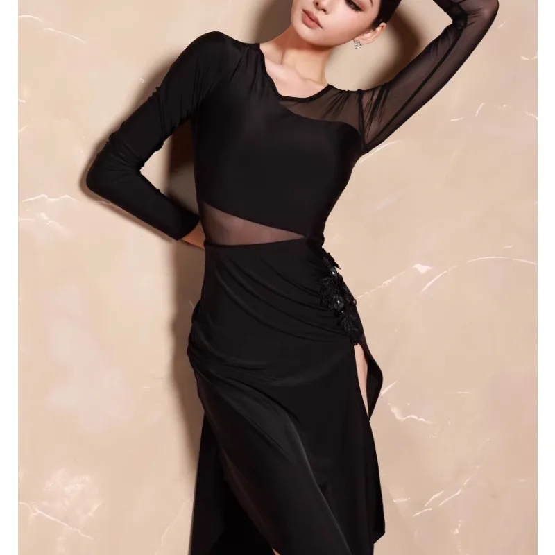 

Adult Latin Dance Competition Dress Women Wine Red Flower Long Sleeved Wesh Midi Skirt Tango Cha Cha Samba Practice Dancewear