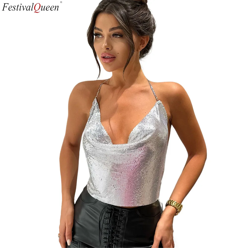 

FestivalQueen Women's Deep V-Neck Back Crossed Decorated Chain Camisole Tank Top For Summer