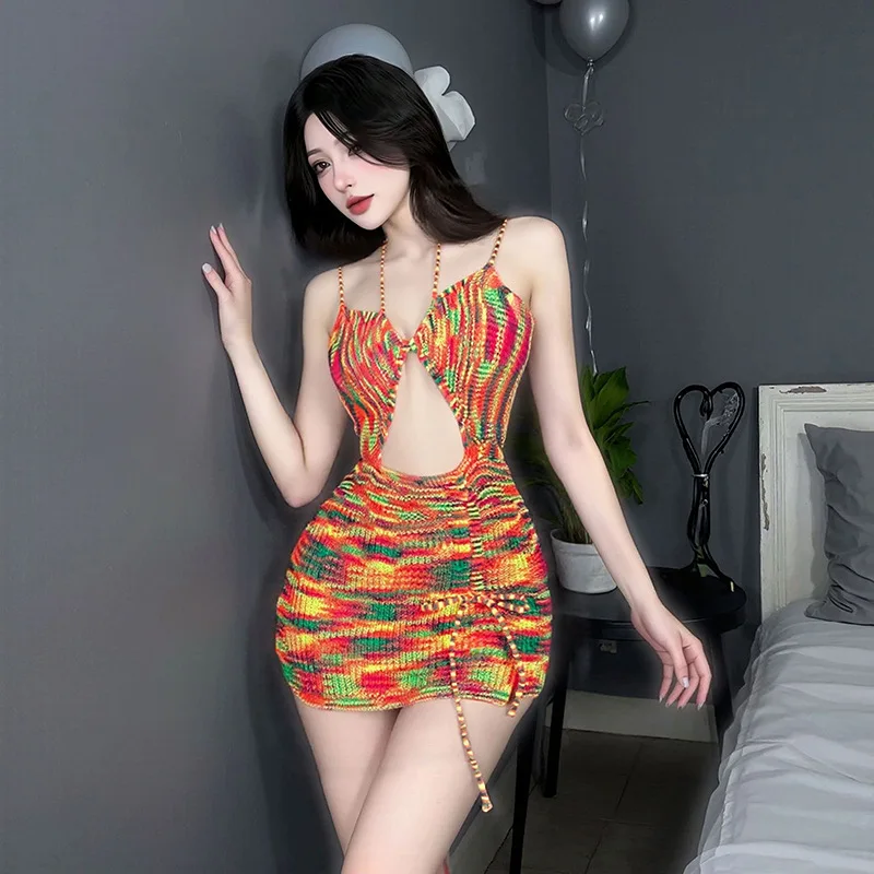 女性用プリントニットスパゲッティストラップドレス、ファッショナブルなホットボディコンドレス、ホローミニセクシーシェイプドレス、セクシーペンシルサンドレス