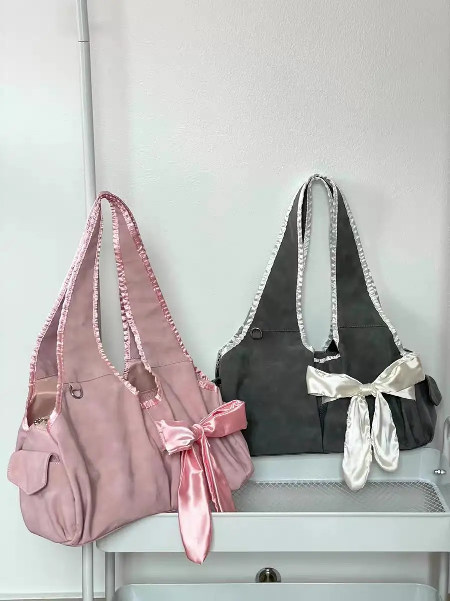 Girls Harajuku Large Capacity Tote Bag Women Korean Aesthetic Bow Chic Grey Handbags Female Vintage Cute Shoulder Bag Pink New