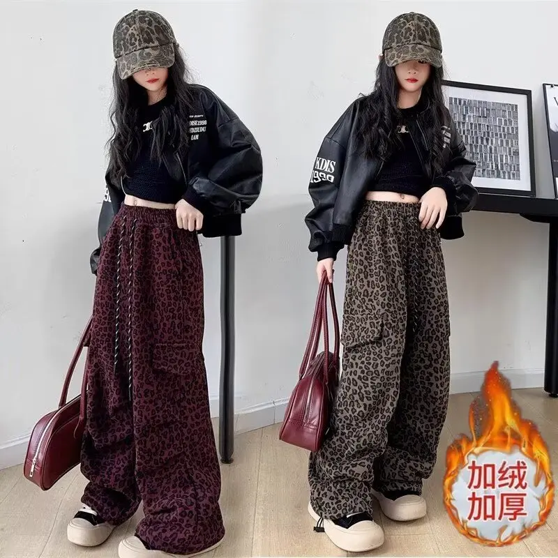 الشتاء بناطيل تدفئة للفتيات سميكة الصوف مبطن الأطفال سراويل تقليدية 120-170 الكورية نمط ليوبارد طباعة Sweatpants للفتيات