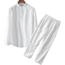 Camicia di lino di cotone Premium bianco pantaloni completi completi di lino da uomo 2 pezzi camicie lunghe/corte pantaloni da Yoga abiti da sposa da spiaggia