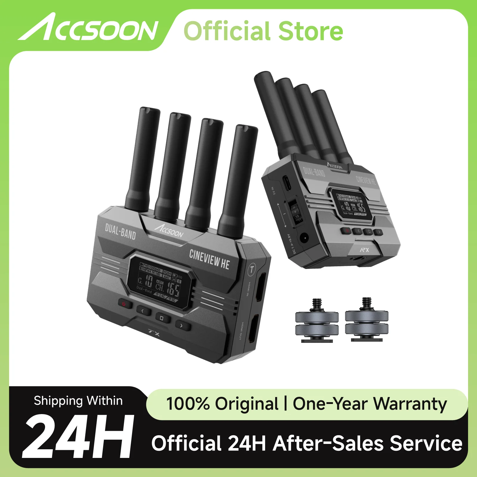 Accsoon CineView HE Transmisor y Receptor de Video Inalámbrico, 2.4+5Ghz, Salida UVC para Transmisión en Vivo 1080p60, Latencia de 0.06s, Alcance de 1200 pies, Monitoreo de hasta 4 Dispositivos, Compatible con CineView