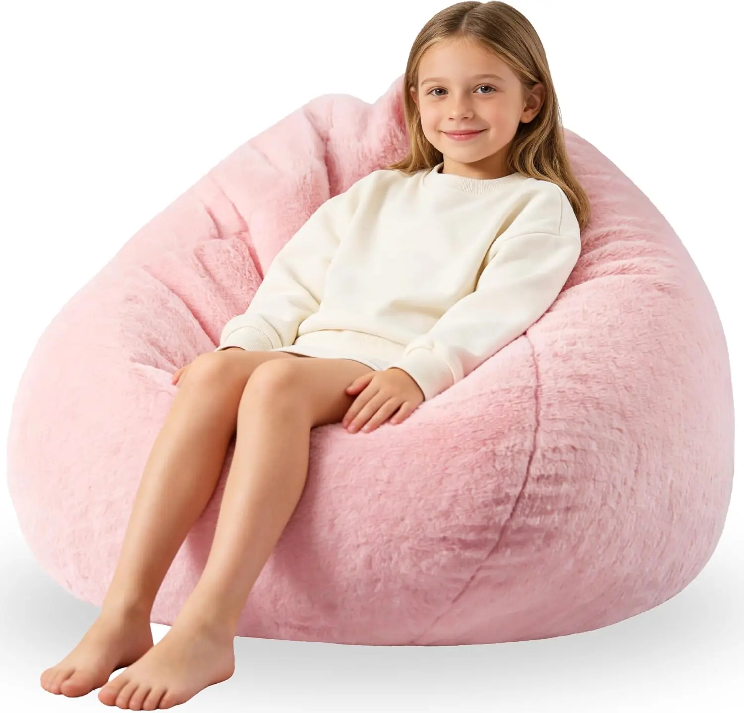 Soft Pink Faux Fur Memory Foam Bean Bag Chair for Kids, 3FT Comfy Washable Sofa with Handle