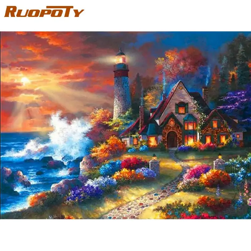 

RUOPOTY Diamond Painting Cross Stitch Embroidery Seaside House 5D DIY Mosaic Full Drill Diamond Decoration Home