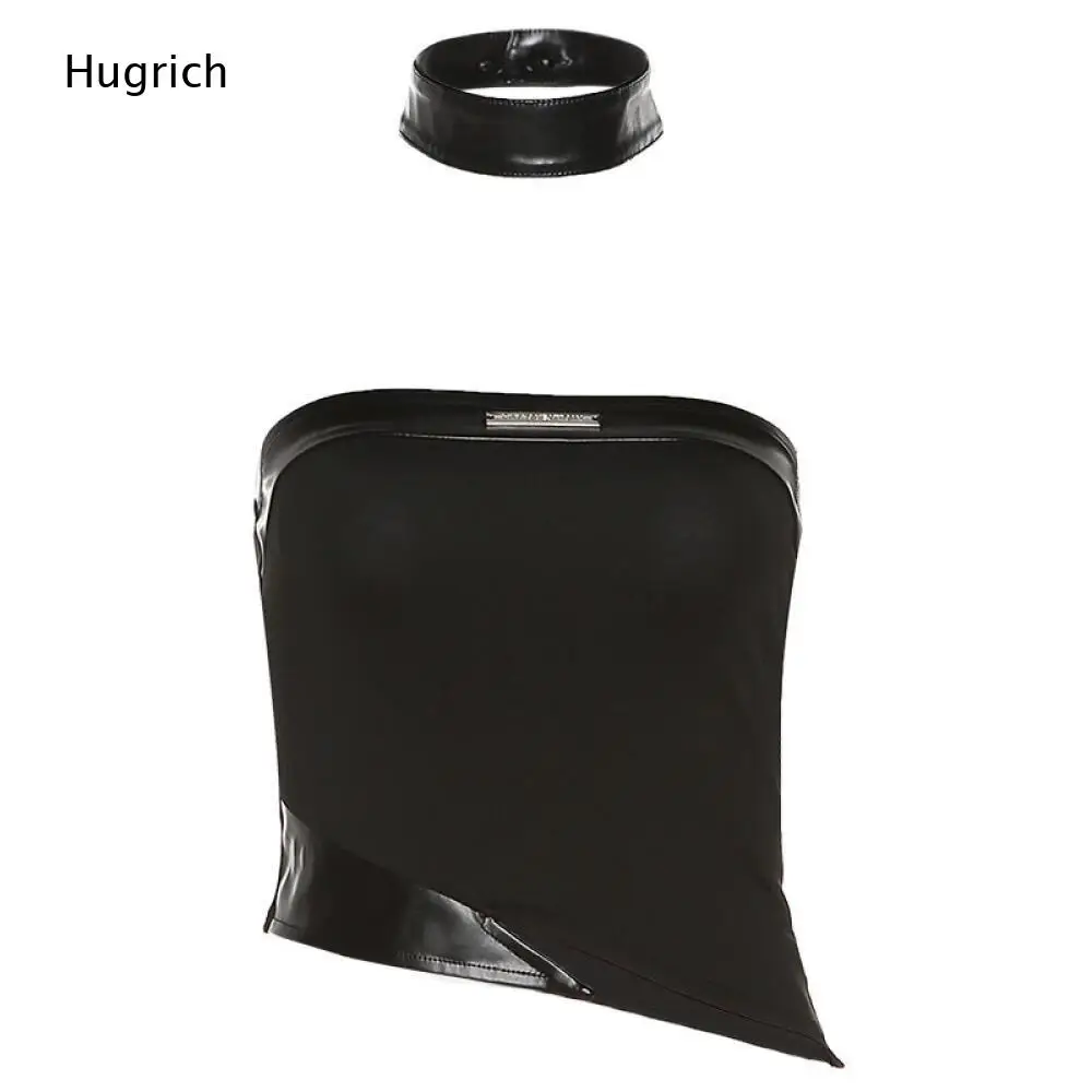 Soft Stretch Black Tube Top Matching PU Choker Faux Leather Trim Diagonal Irregular Hem Sleeveless Slim Crop Matching Set