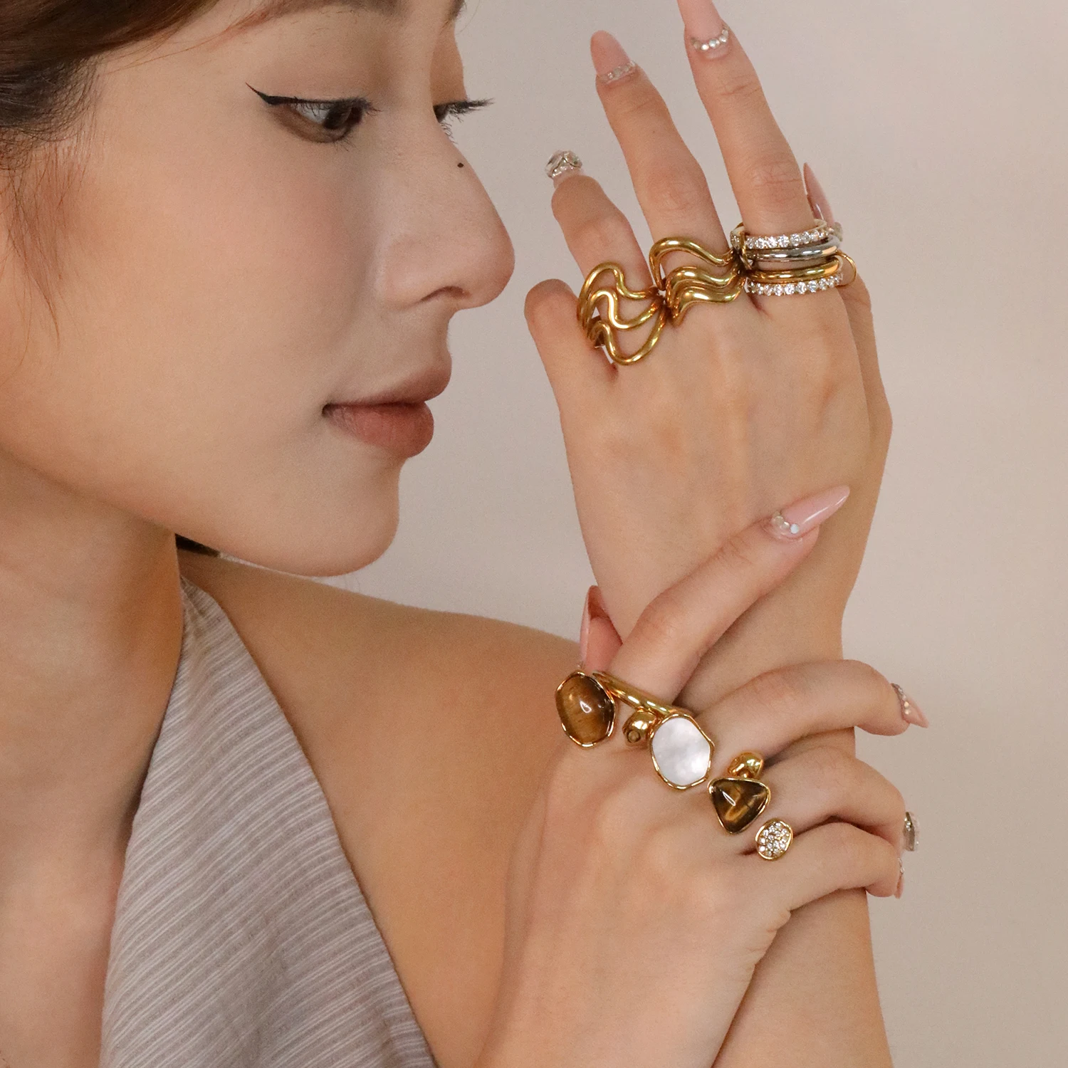 الفولاذ المقاوم للصدأ تصميم الأزياء غير النظامية المرأة الرجعية الراقية حلقة مفتوحة، مجوهرات الحفلات مقاوم للماء INS التصميم الإبداعي #6