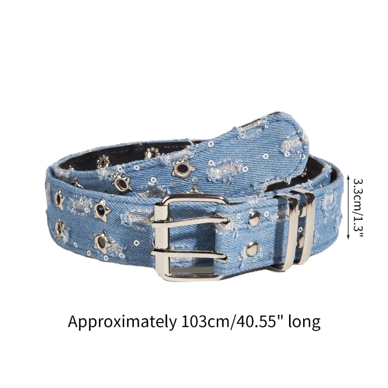 Double Pin Buckle Belts Washed Denim Design Adjustable Waist Straps