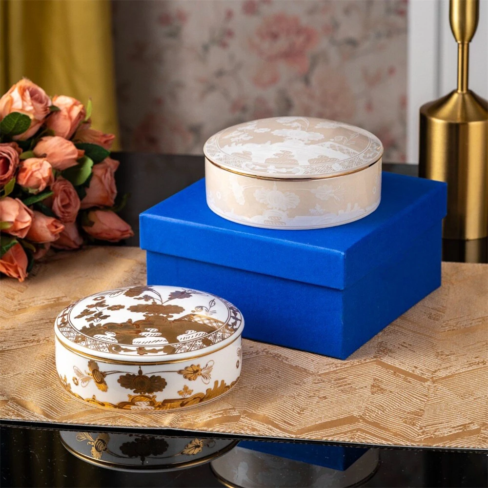 Home Ceramic Storage Box Golden Beige Jewelry Box 13CM Jewelry With Lid Printing Storage Box Holiday Gift With Gift Box