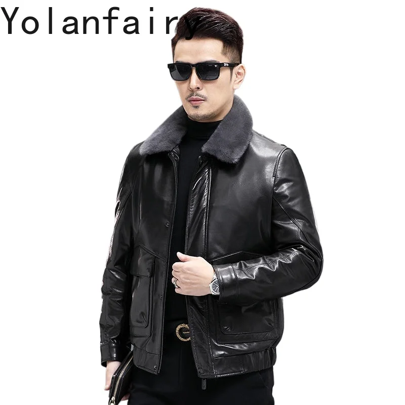 YOLANFAIRY Genuine Leather Goatskin Mens Jacket Winter Down Liner Removable Coats Mink Collar Jackets Short Saco Hombre Casual