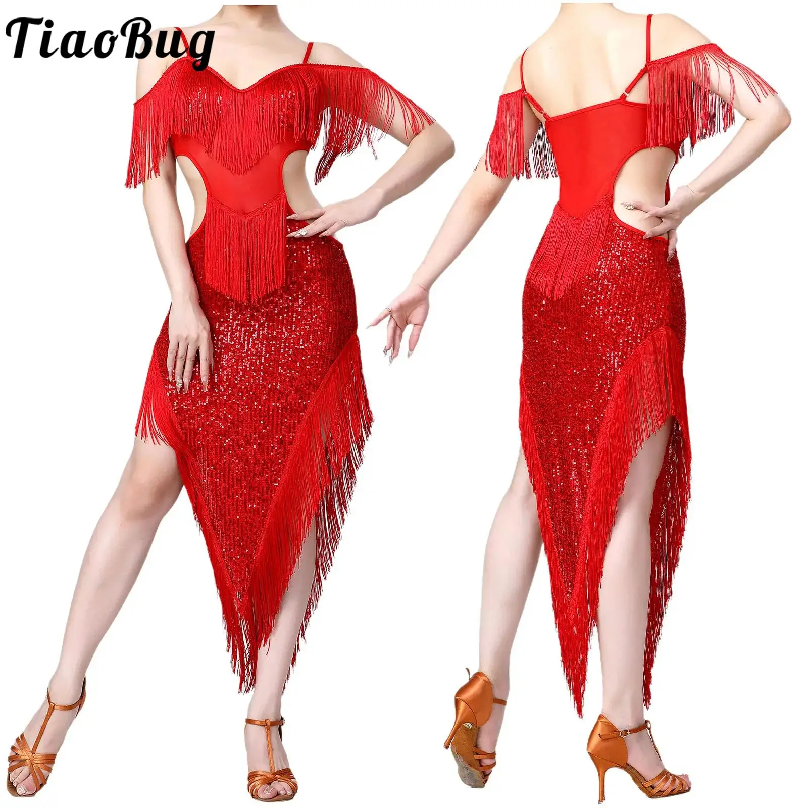 

Women Sexy Tassel Latin Dance Dress Fringed Flapper Dress Sequined Shiny Salsa Rumba Samba Tango Cha-Cha Dance Dresses