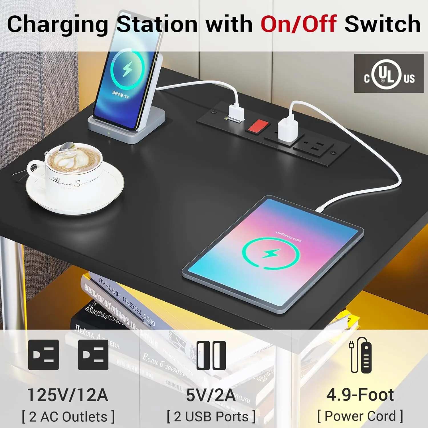 Nightstand With Charging Station And Led Lights, Night Stand With Open Storage, Bedside Table With Drawers, 2 Usb Ports, 2