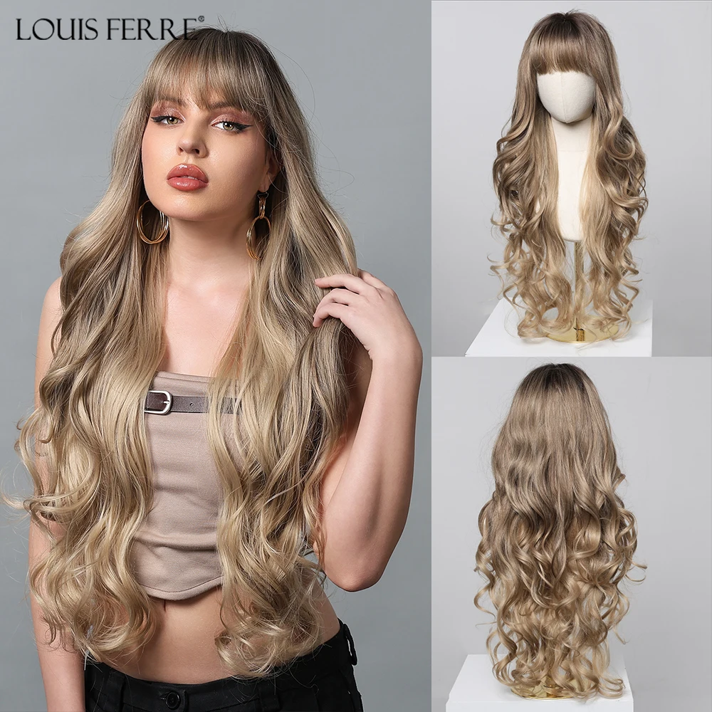 Long Wavy Curly Brown Blonde Ombre Synthetic Wigs for Women Natural Blonde Wigs With Bangs Daily Cosplay Heat Resistant Fiber