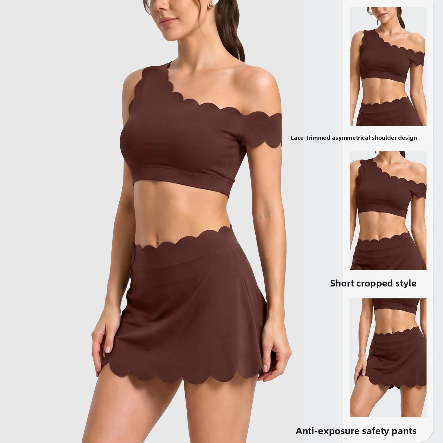 Women 2 Piece Tennis Outfit Set Scalloped Wave Edge One Shoulder Sports Crop Top +High Waist Golf Skirt Pilates Gym Workout Suit