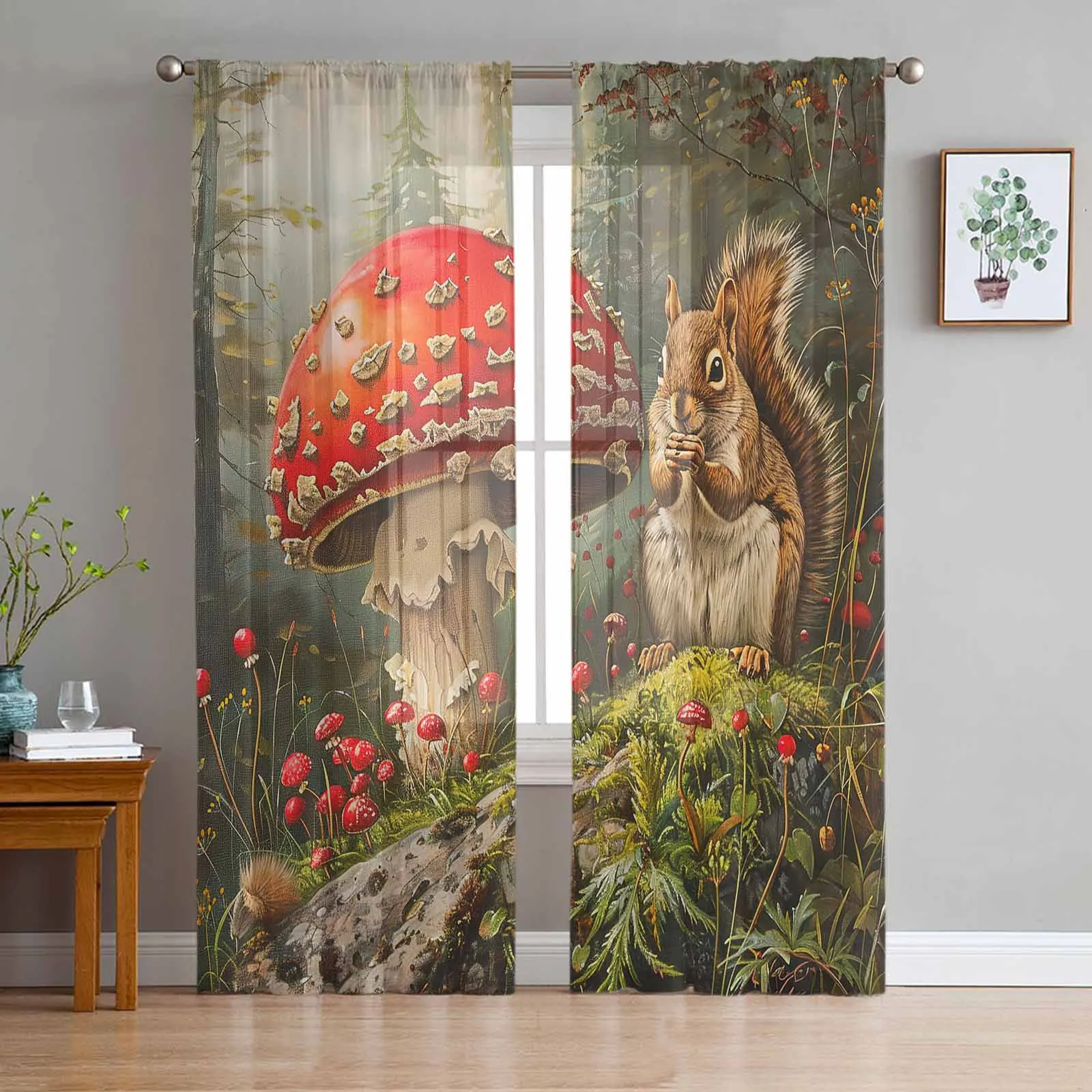 Autumn Forest Mushroom Squirrel Tulle Curtains for Living Room Bedroom Sheer Voile Curtain Home Decor Kitchen Curtain