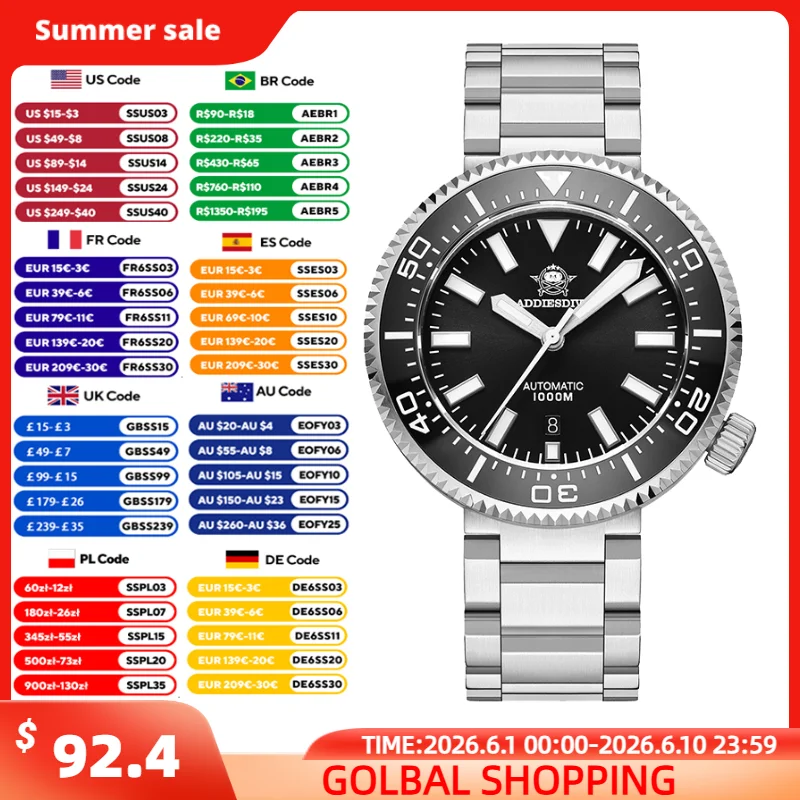 

ADDIESDIVE Men Dive Watch 1000m Waterproof Automatic Mechanical Watches Sapphire Glass AR Coating Ceramic Bezel Luminous Watch