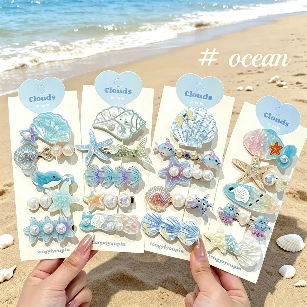 5Pcs/Set New Ocean Series Shell Starfish Hair Clips Set Side Clip Pink Mermaid Hairpins Conch Pearl Barrette Hair Accessories
