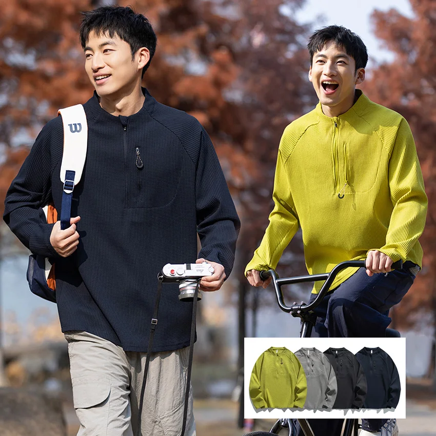 Camiseta a cuadros de gofres con cuello y cremallera para exteriores, camiseta holgada informal de manga larga para hombre y mujer, ropa técnica para parejas, camisetas