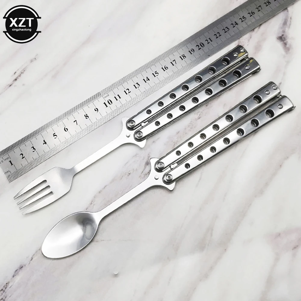 Stainless Steel Folding Spoon Fork Butterfly Knife Balisong Training Spoon Fork Portable Trainer Outdoor Camping Tableware Kitch