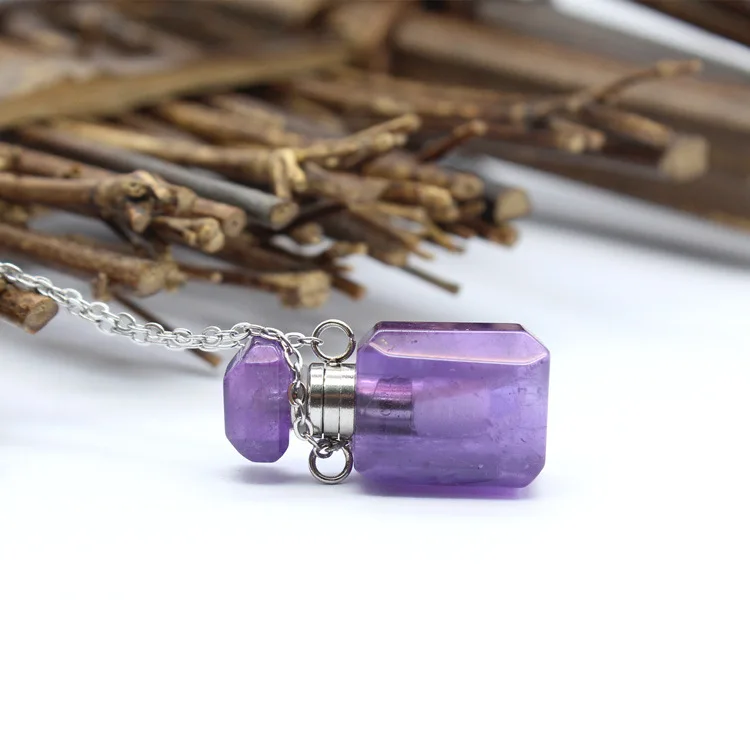 Small Perfume Bottle Natural Gems stone Pendants Chains,Lapis Quartz Essential Oil Diffuser Vial Necklace Charms