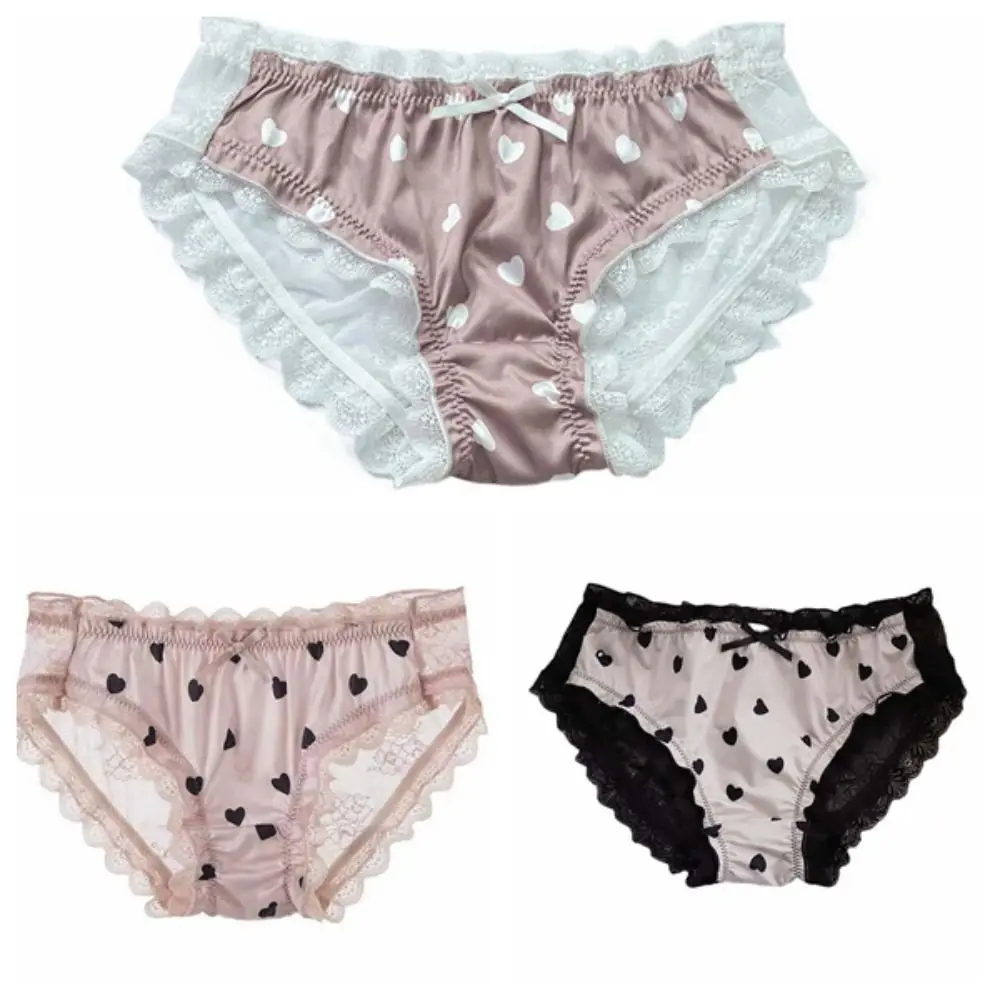 Doce cetim de seda renda arco calcinha amor padrão roupa interior transparente malha flor meados cintura briefs para mulher verão