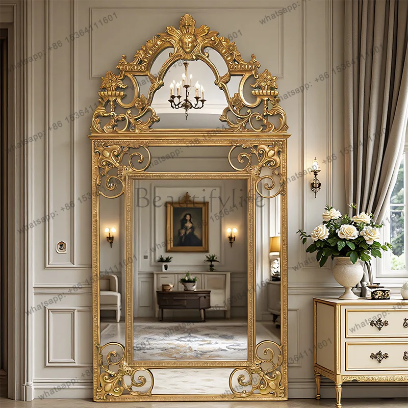 D33 French retro full-body mirror wall-mounted hand-carved floor-to-ceiling fitting mirror