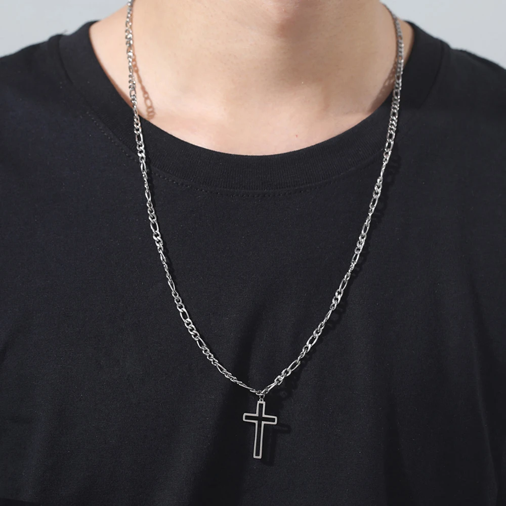 Unift Hollow Cross Necklace for Men Boy Stainless Steel Figaro Chain Necklaces Hip-Hop Religious Classic Christian Male Jewelry