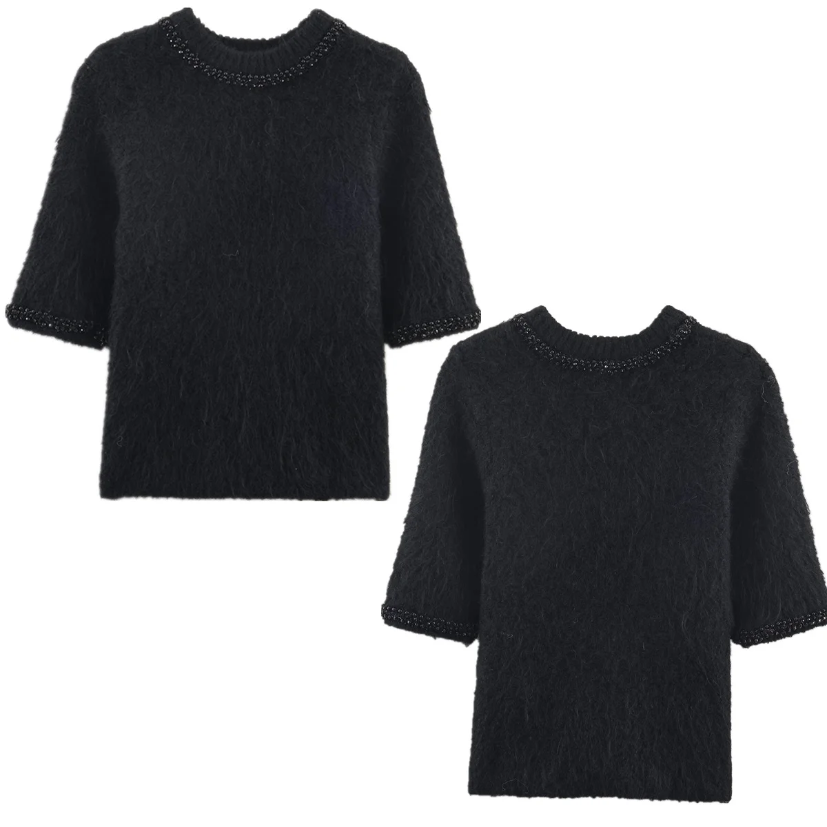 

Jenny&Dave Minimalist Woman Clothing Black Short Sleeved Knitted Top Bead Decoration For Spring And Summer T-shirt Women