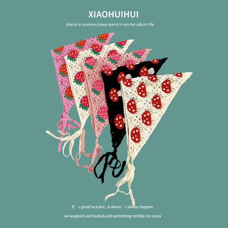 

Korean Sweet Cute Handmade Crochet Hollow Triangle Headband Towel Women Spring and Summer Travel Literary Photo Hair Scarf