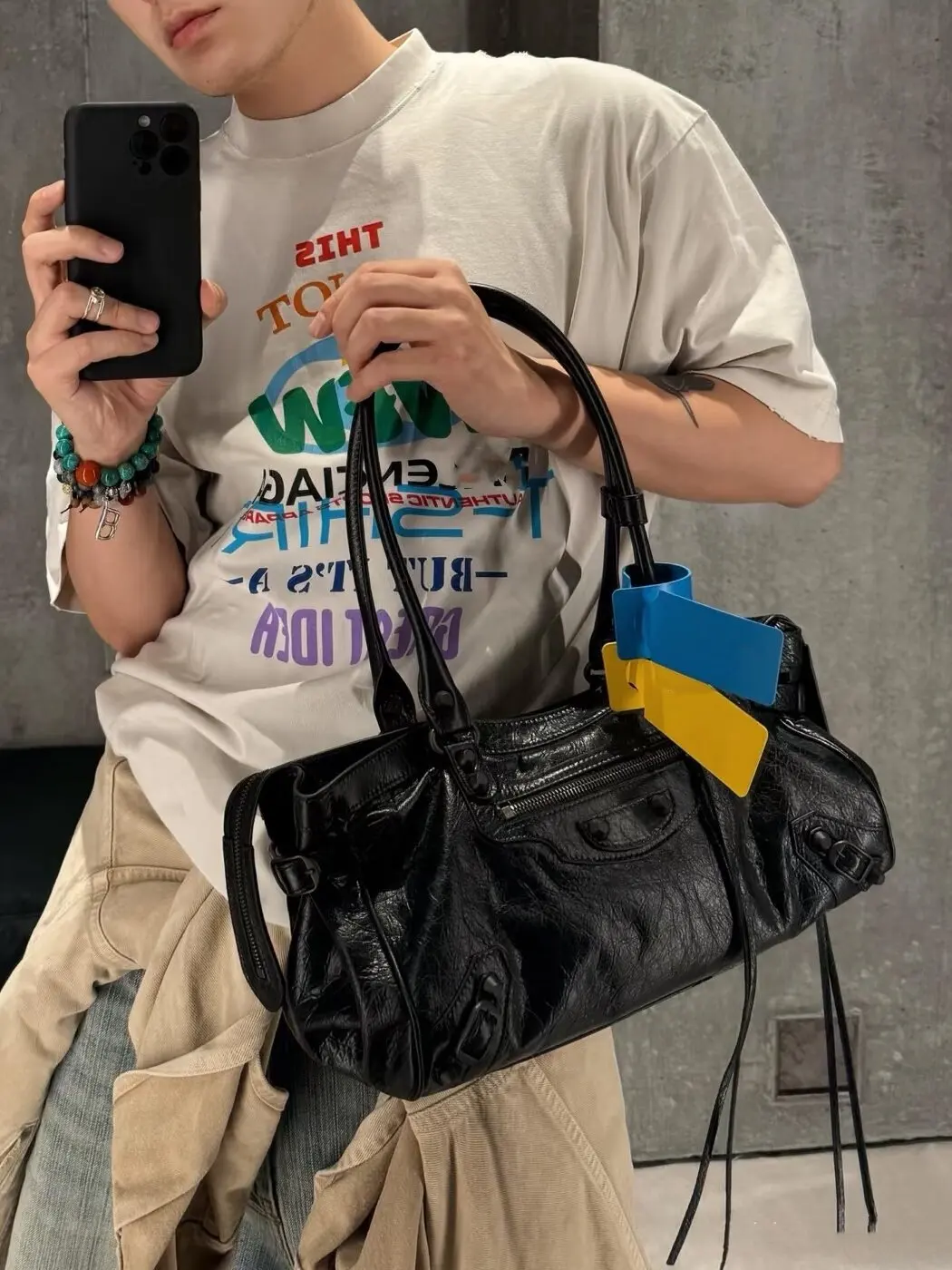 Le City Biker Bag Oil Wax Leather Rippled Surface Rivet Sweet Cool Shoulder Tote Bag Vintage Style Commuter Zipper Closure La...
