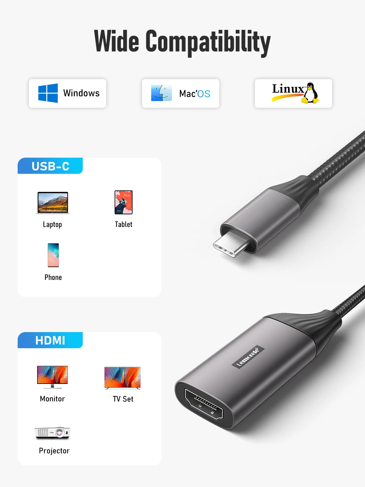 Lemorele-USB Type C to HDMI كابل, 4K, iPhone 15, محول للكمبيوتر, MacBook Pro, Air, iPad, سامسونج جالاكسي, هواوي